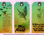 Handmade Nature tags, birds, crows, flowers, butterflies, green, yellow