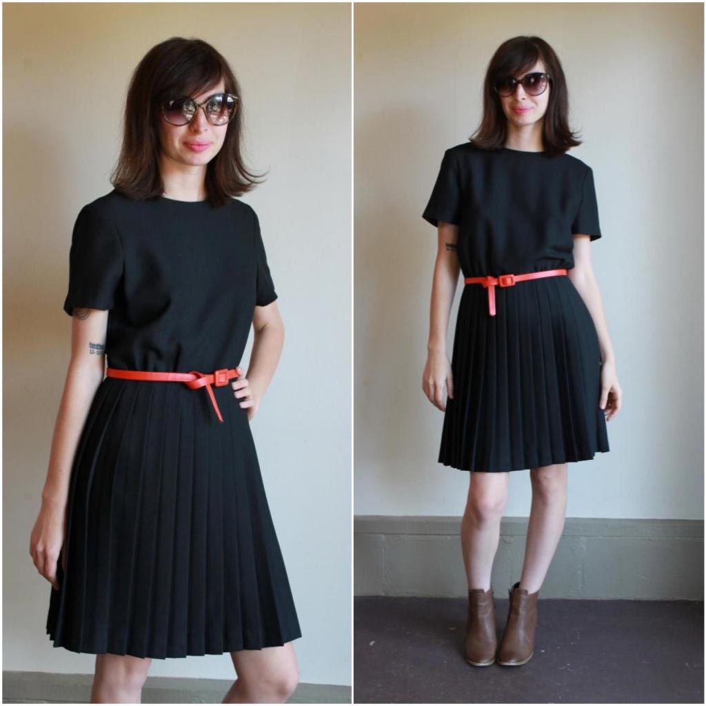 Little Black Dress  /  Pleated Knee Length Skirt  Aline Sheath Dress With Short Sleeves  /  Evening Cocktail  /  Vintage 90s  /  S M