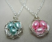 Your Choice: Pink or Blue Bird Nest Necklace, Cultured Freshwater Rice Pearls, Adjustable Chain