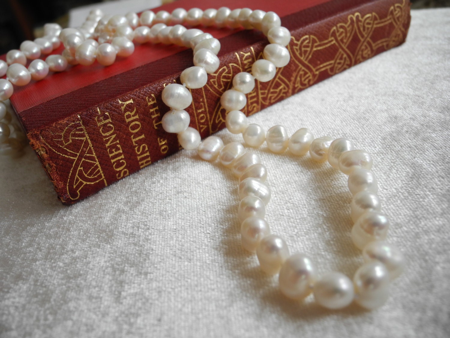 Long White Cultured Freshwater Pearl Knotted Necklace, Pewter Toggle