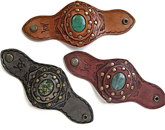 Tooled Leather Boho Cuff Spicy Colors Green Turquoise African Turquoise and Blue Jade Stone Tooled Design Wide Boho Karen Kell Collection