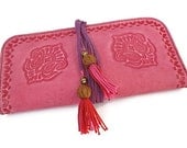 SALE Clutch Wallet Oversized Wrap Tassel Bead detail in Rose Pink with Purple Interior