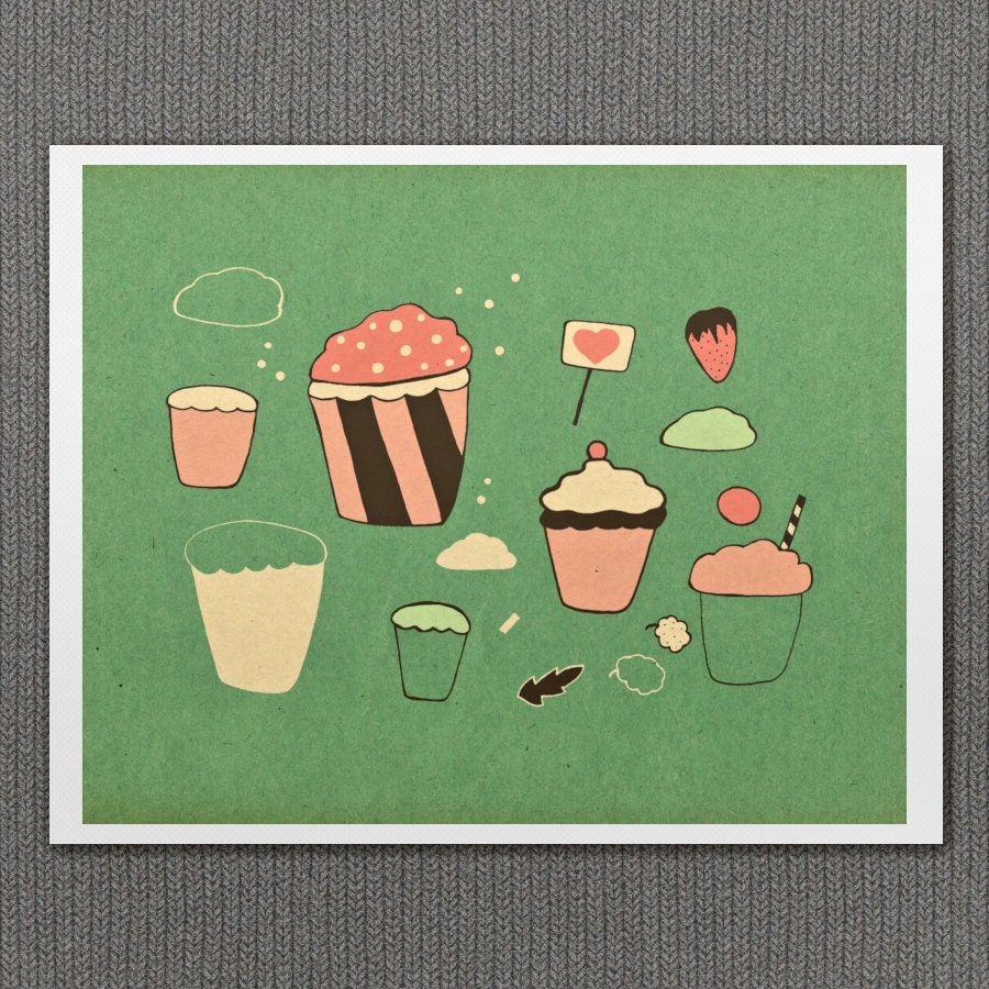 Deconstructed Sweetness 8x10 / Illustration, Digital Print, Kitchen Decor, Food Art, Cupcakes, Baking, Love, Quirky Romance, Hearts, Pink