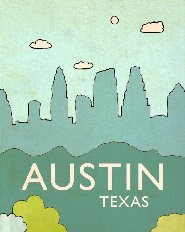 Children Home Decor Nursery Art Print -Austin No.6 - 8x10 Skyline Illustration and Typography City Travel Cityscape Landscape Art Print