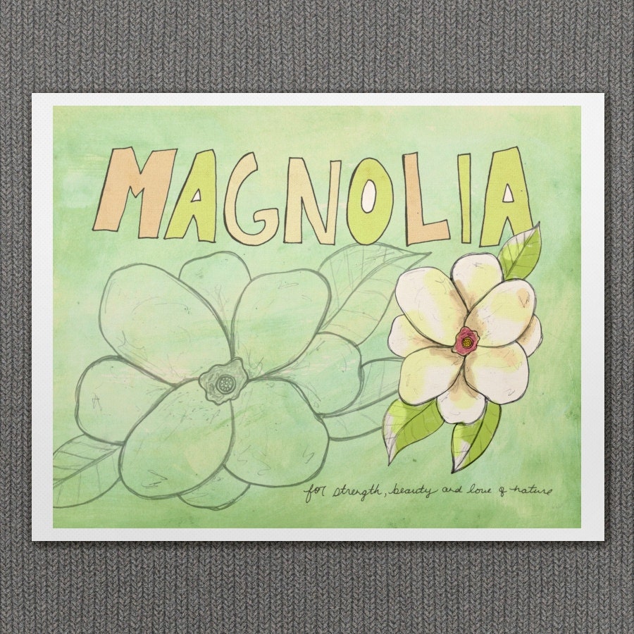 Magnolia 8x10 / Prints and Posters, Illustration, Digital, Giclee, Typographic Print, Sprint Decor, Floral, Romantic, Inspirational Art