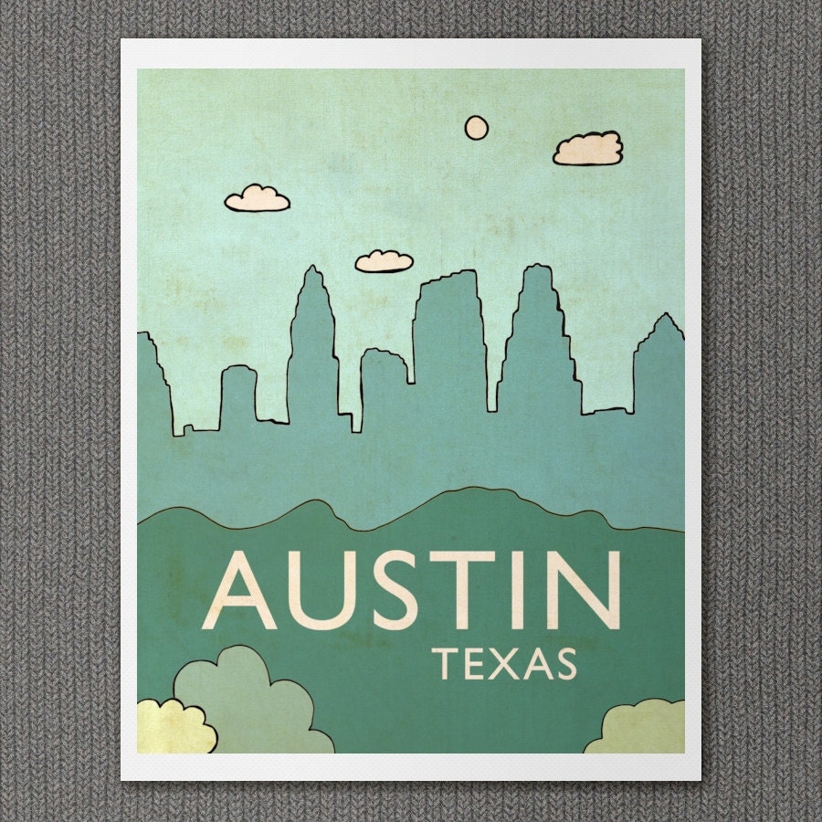 Home Decor Modern Large City Wall Art Print - Austin No.3 12x16 - Children Decor Skyline City Travel Cityscape Landscape Typography Poster
