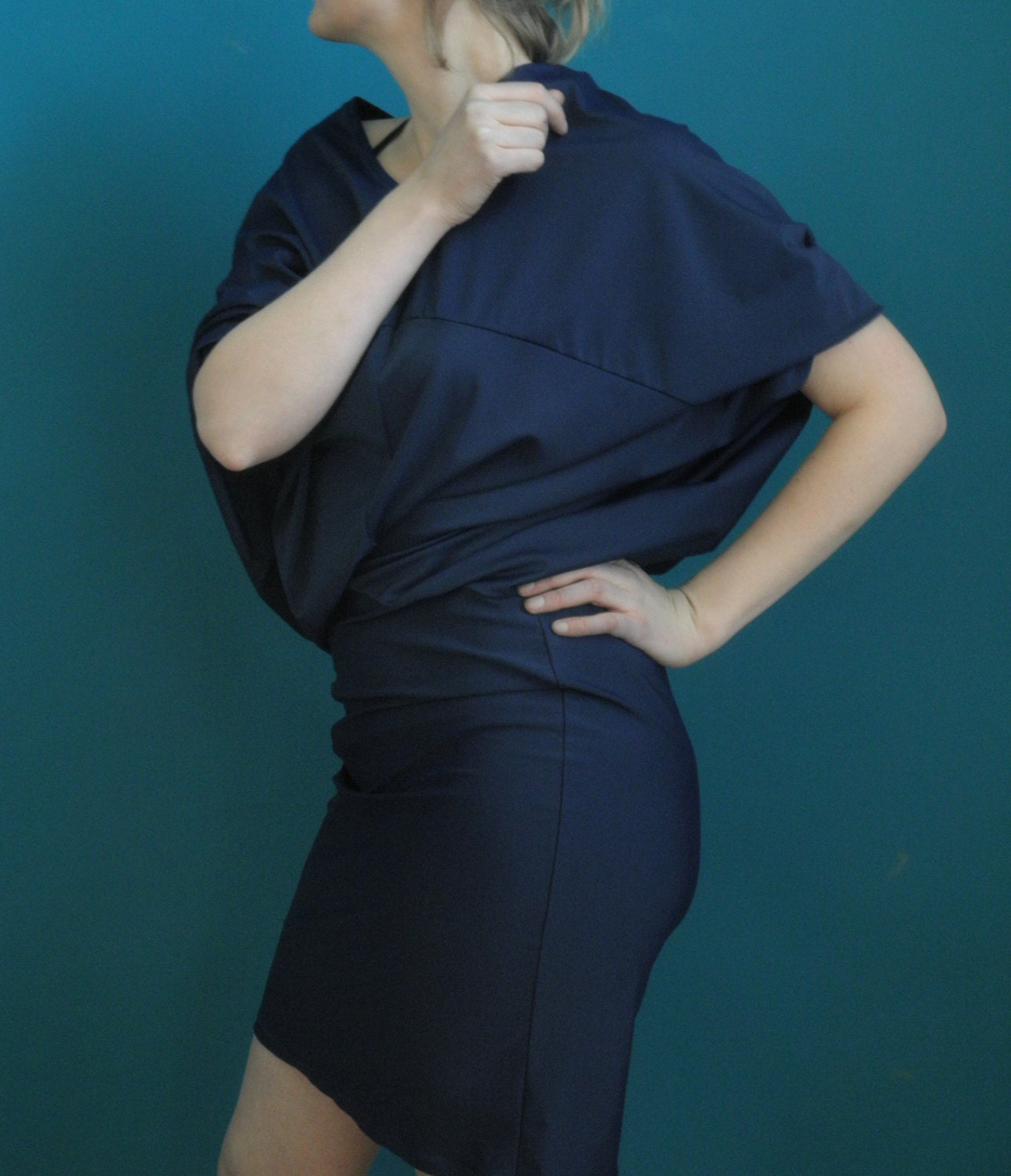 oversized bat sleeve dress in navy blue