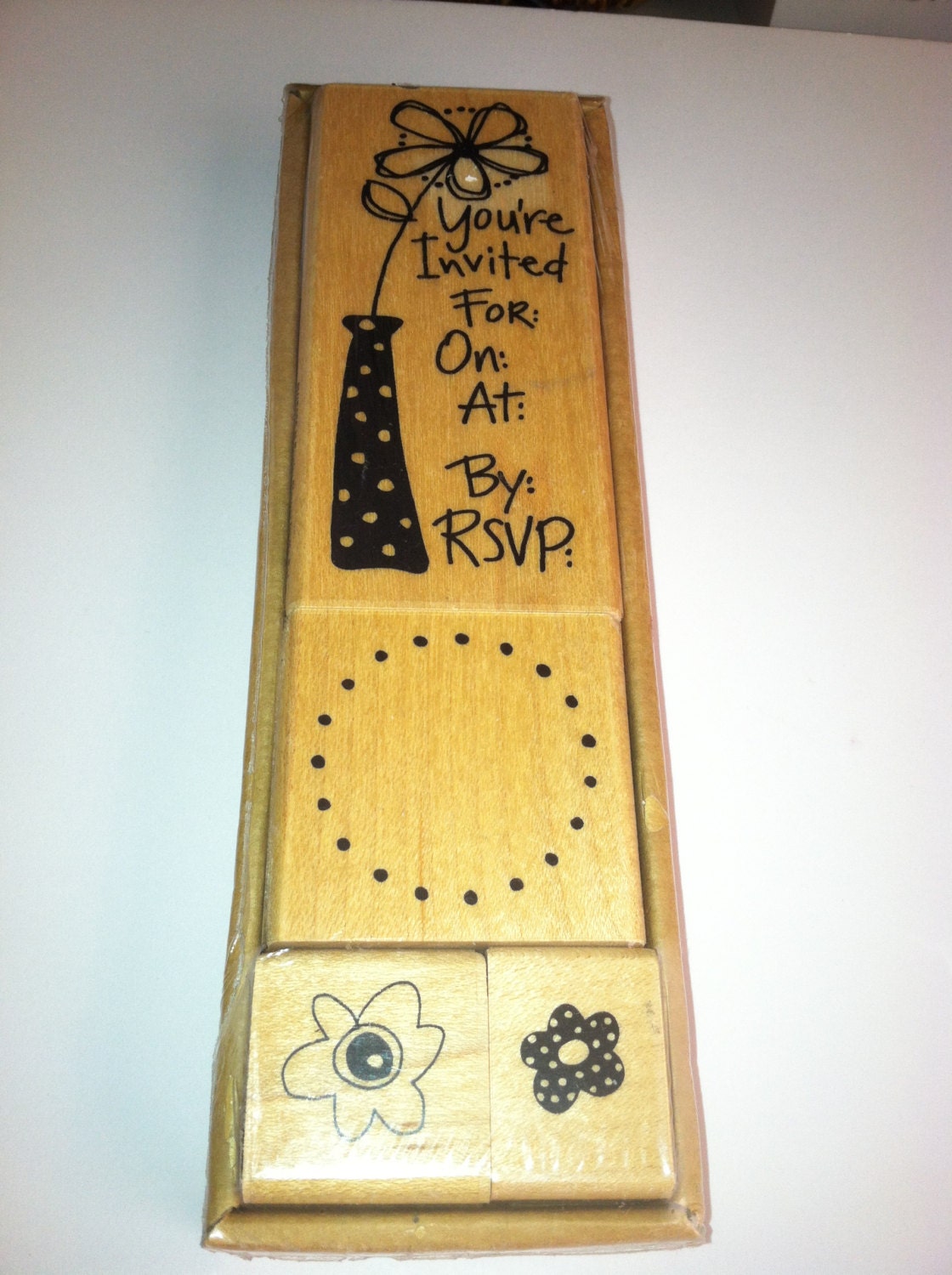 flower invitation party 4 pc wood mounted rubber stamp set-stampendous-IOB-2006-NEW