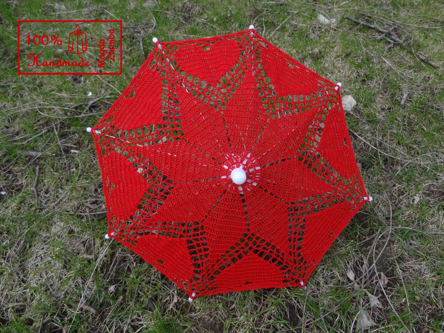 9" Mini RED Heart Lace Crochet  UMBRELLA PARASOL, Summer Wedding Flower Girl- Ready To Ship