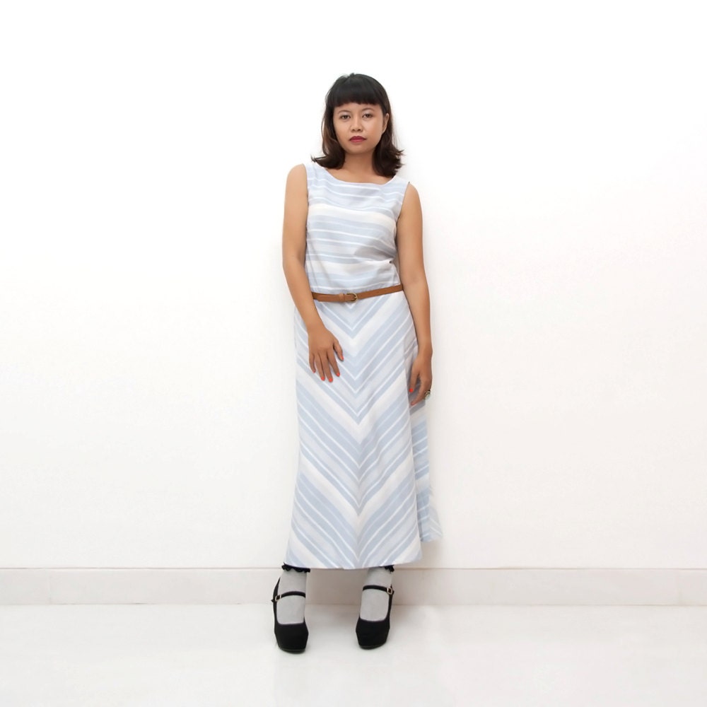 Vintage 90s Sleeveless A-line Dress , Chevron Stripes, Blue and White, Medium/Large