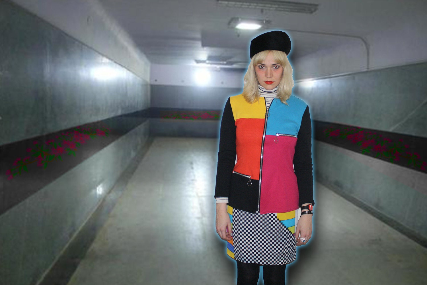 vintage 80s 90s mod womens groovy color block sweater with O-RING ZIP size medium
