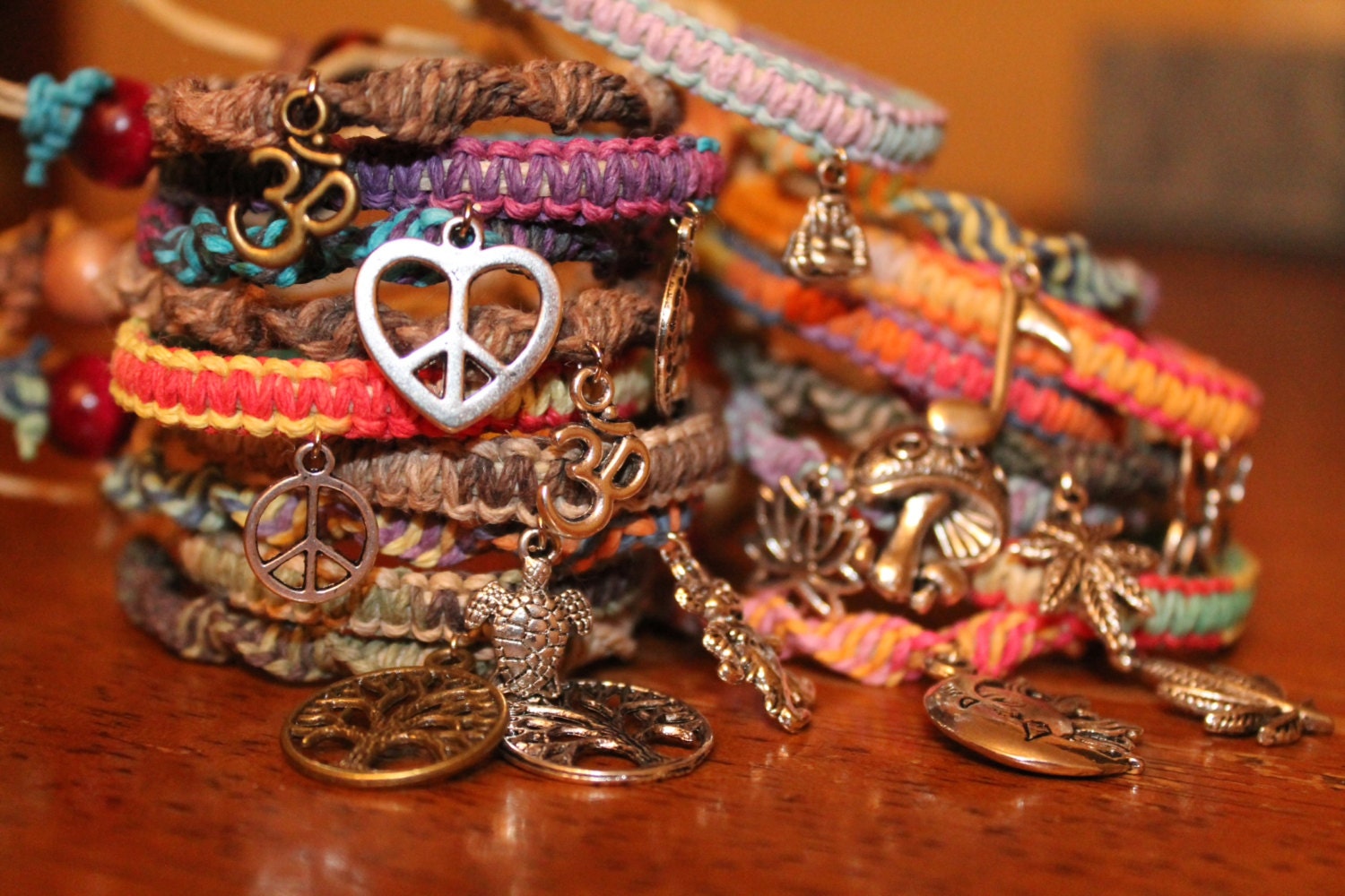 TWO Hemp friendship charm bracelets- you pick 2 styles and colors- peace, cannabis, Buddha, ohm, aum,mushroom, grateful dead, hemp jewelry