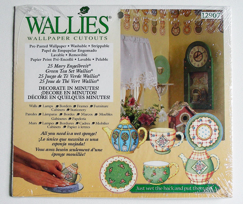 Wallies Wallpaper Cut-outs, 12907 - 25 Mary Engelbreit Green Tea Set Pre Pasted Die Cuts - Paper Crafts Scrapbooking - DIY Home Decor