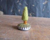 Felted wool garden, tiny tree in an upcycled bottlecap, silver
