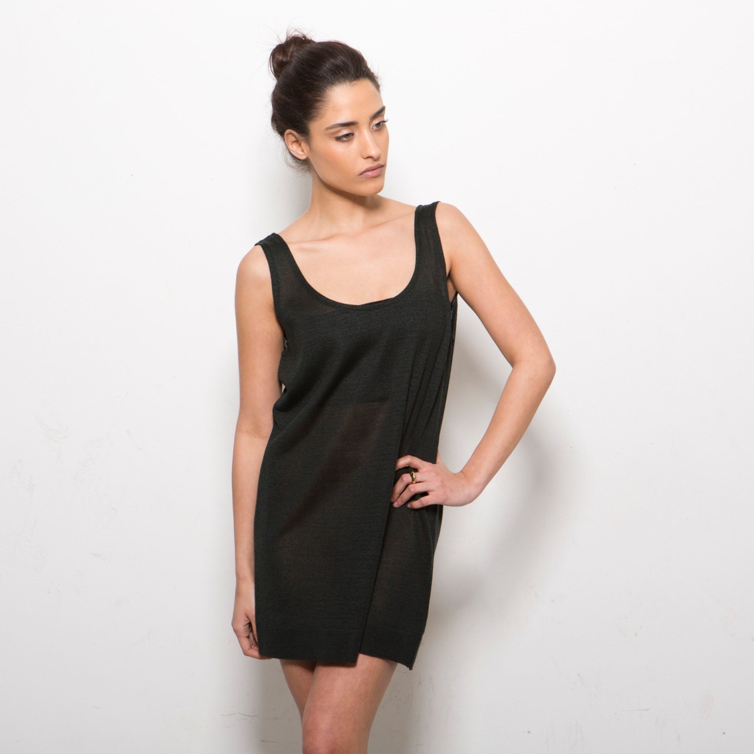 Mother day sale Black green dress knitted women tunic open back  Women dress Loose summer dress