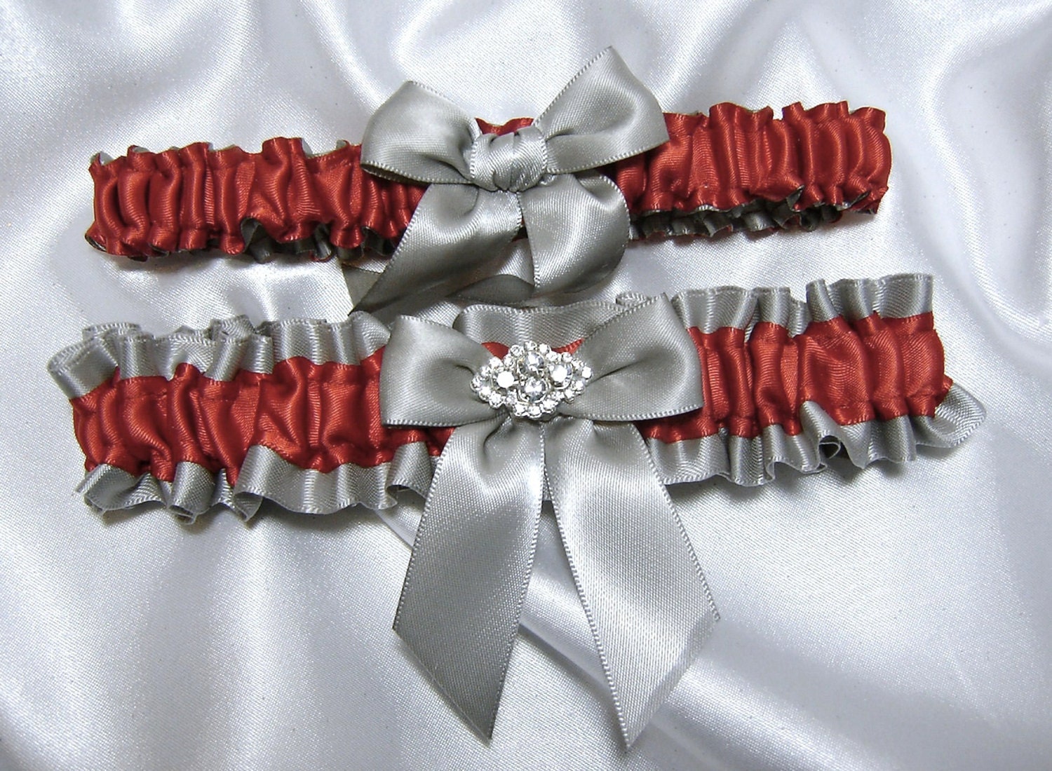 Red Wedding Garter Set w/ Swarovski Crystal Charm - Available in Platinum/Silver or White or Black - Toss Garter Included - Plus Size Too