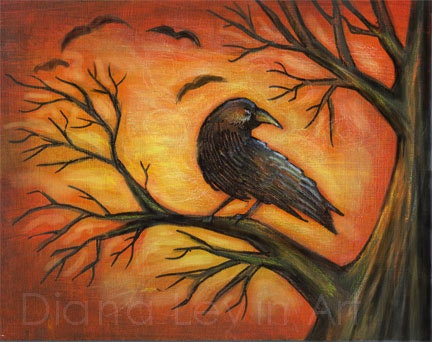 Spooky Raven Tree Art Print - Bird painting - Crows at Sunset Halloween Gifts