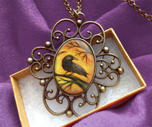 Spooky Tree Raven Pendant - Gothic Crow Necklace- Steampunk Jewelry