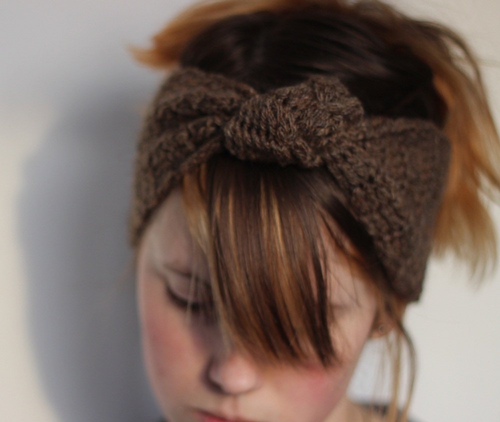 Crochet boho headband knotted headwrap - Adult size - natural brown - top knot
