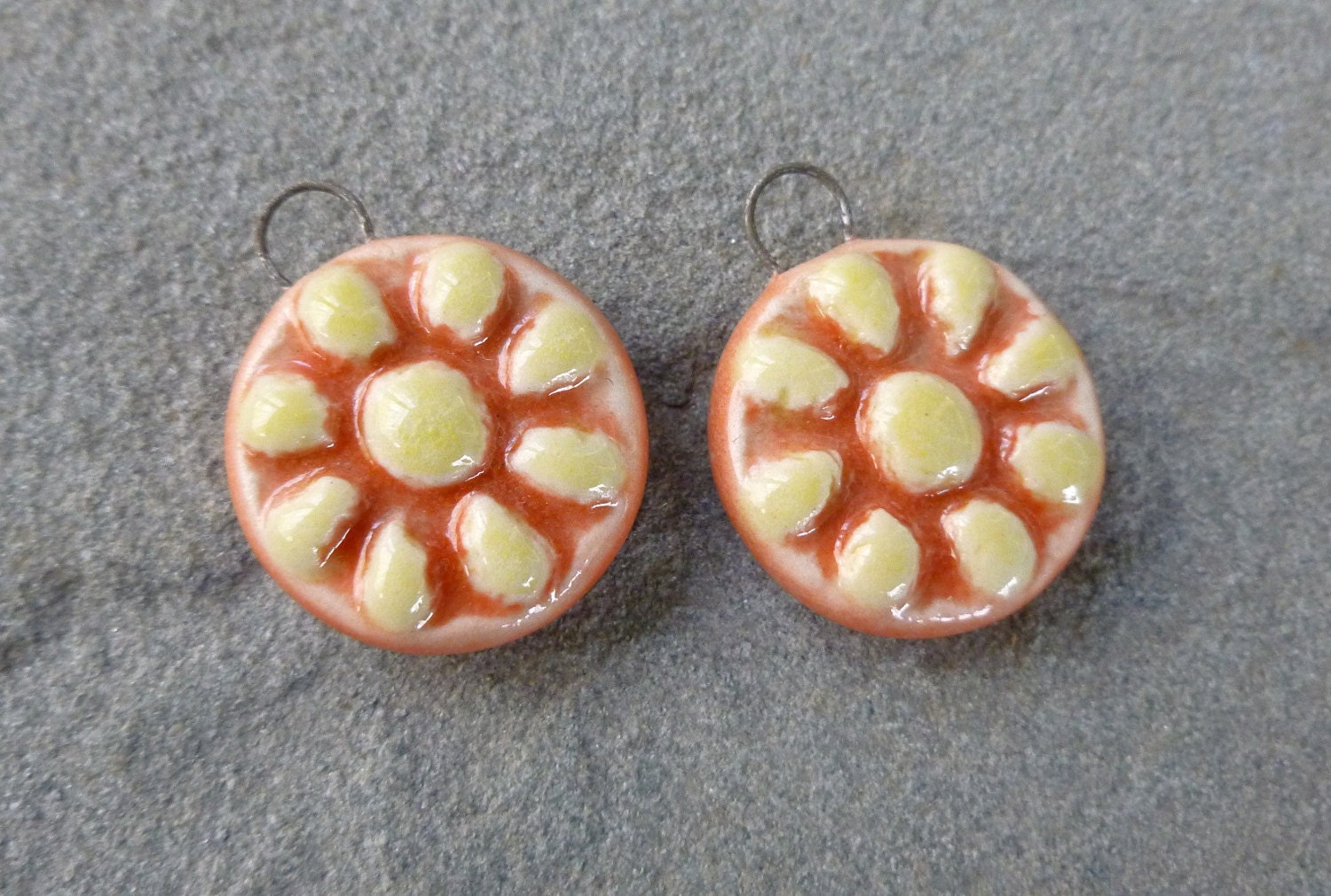 Sunset and Yellow Porcelain Daisy Charm Pair