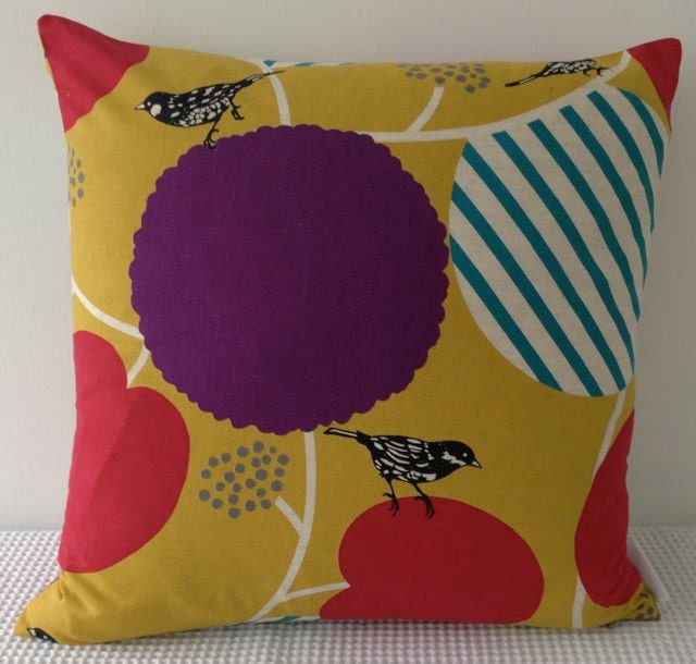 NEW Japanese fabric cushion cover in mustard yellow background with bird and floral motif, throw pillow, decorative cushion