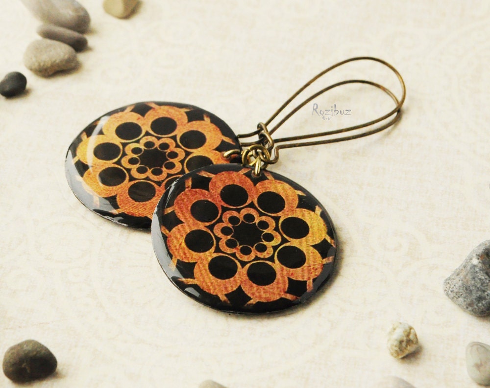 Tribal circle earrings - black earrings, orange earrings, native jewelry, golden, gift idea for her - made to order
