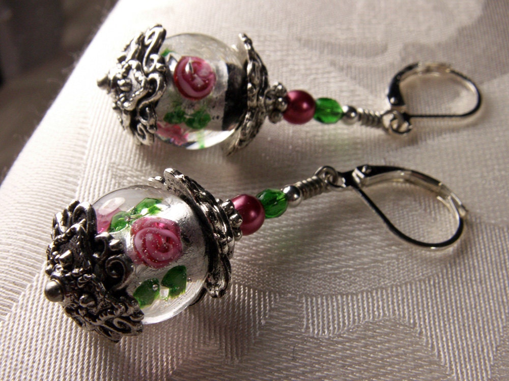 Black and Pink Rose Silver Crystal Drop Earrings Steampunk Jewelry Antique Vintage Victorian Bridal Style