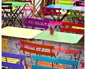 Paris Café photo - Rainbow Chairs, outdoor seating, sidewalk, bistro, warm weather, Springtime - 8x8 Original Fine Art Photography