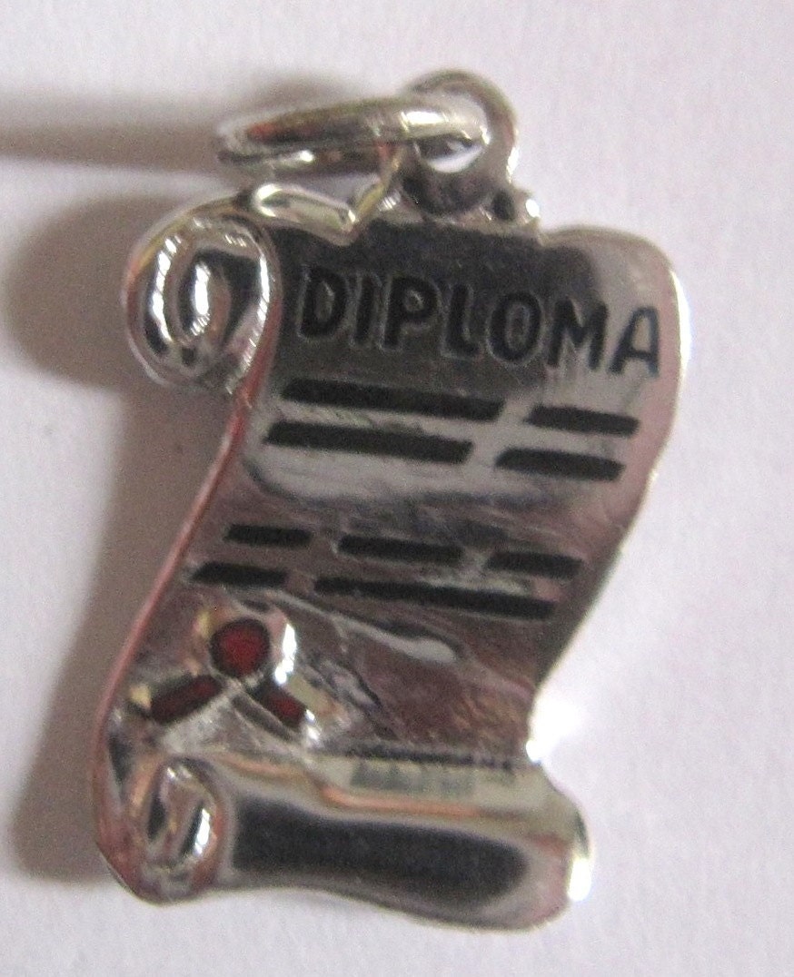 sterling silver graduation day vintage charm, Enamel Diploma happy graduation