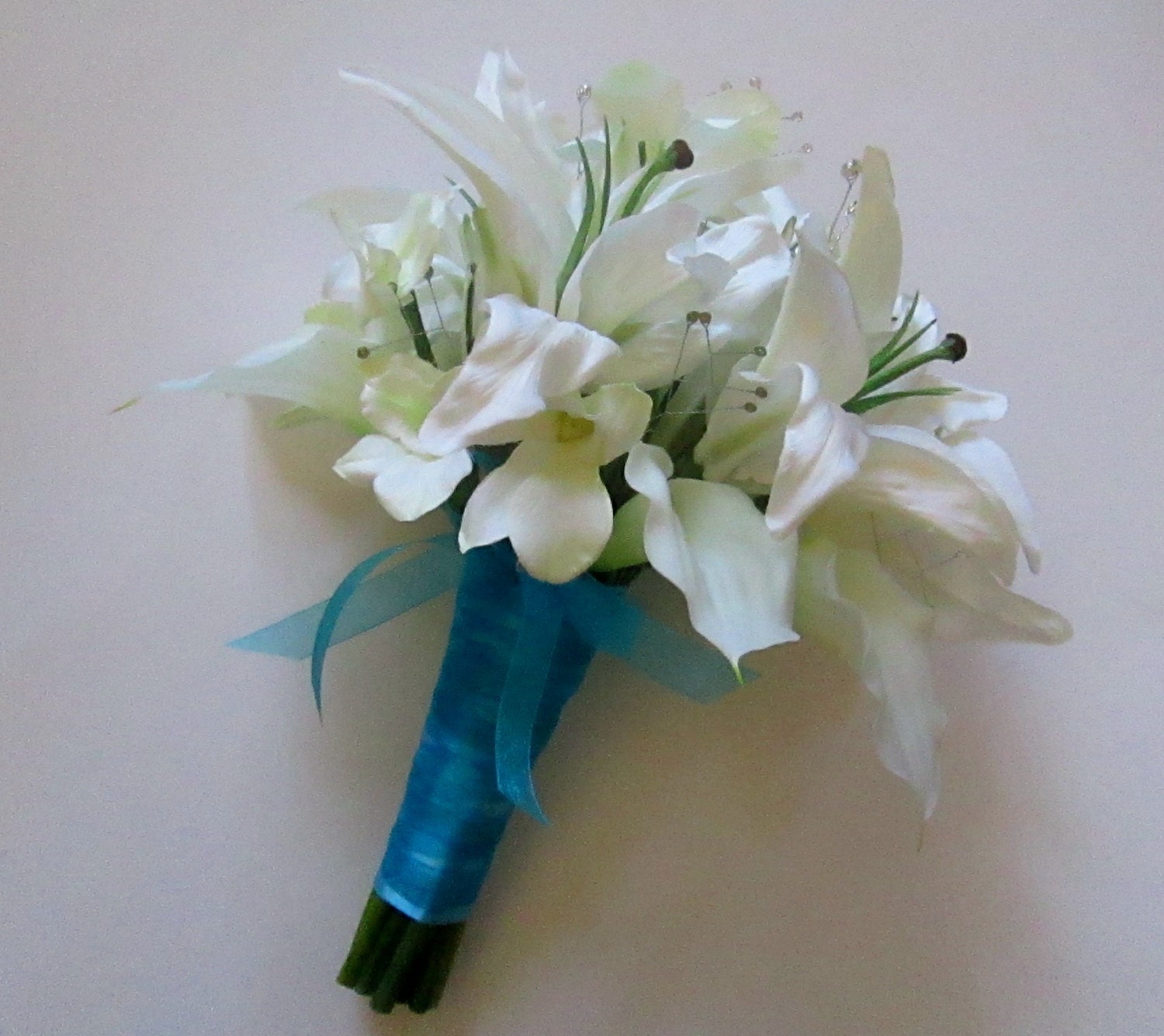 Floral Package,Calla Lily, Casablanca Lily Bridal Bouquet, Lily Wedding Flower Package, Lilies and Crystal Bouquet