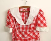 1970s vintage maxi prairie dress - red and white gingham plaid - short sleeves - peter pan collar - small / medium