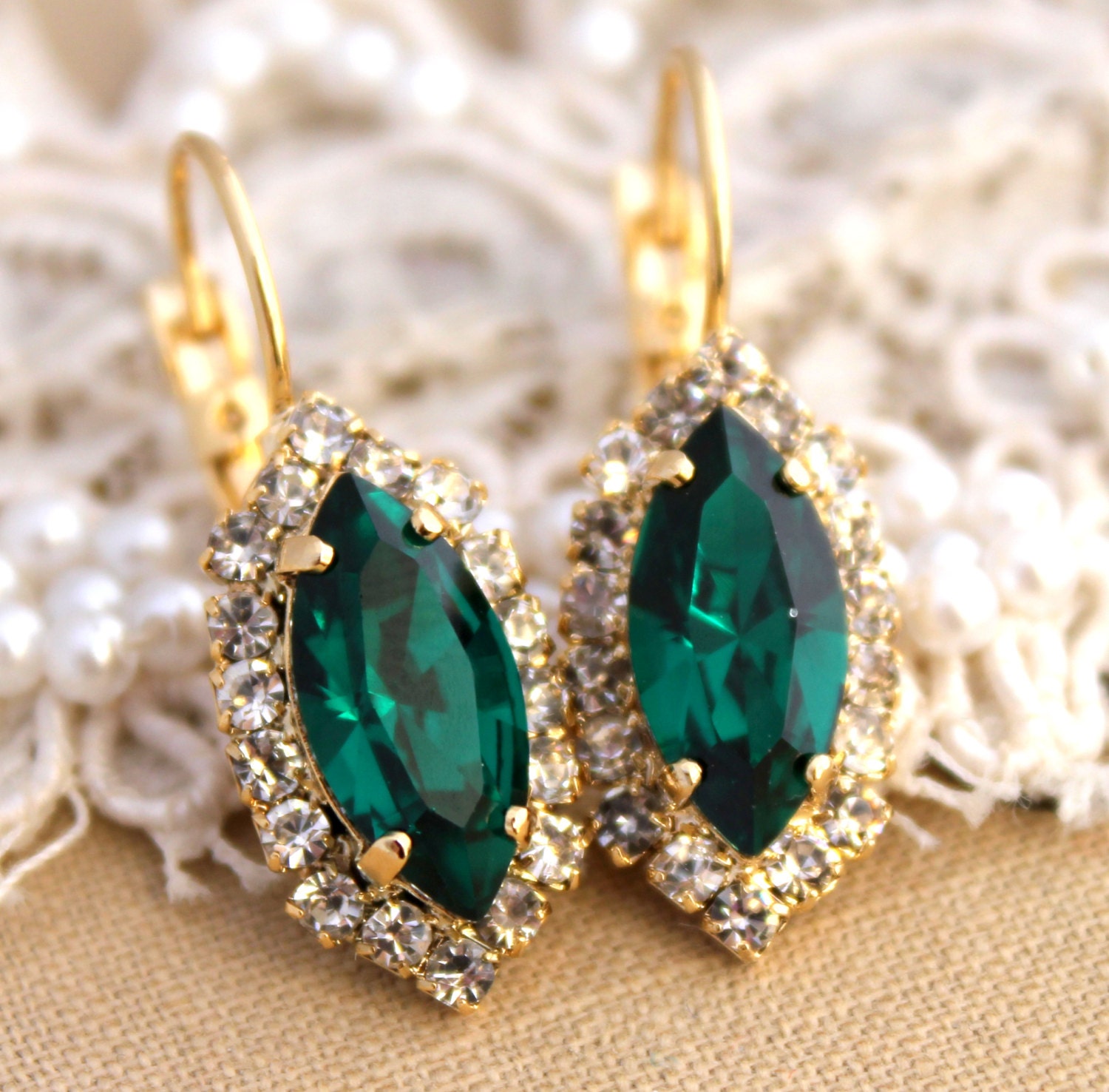 Emerald Crystal earring chic jewelry - 14 k plated gold earrings real swarovski rhinestones .