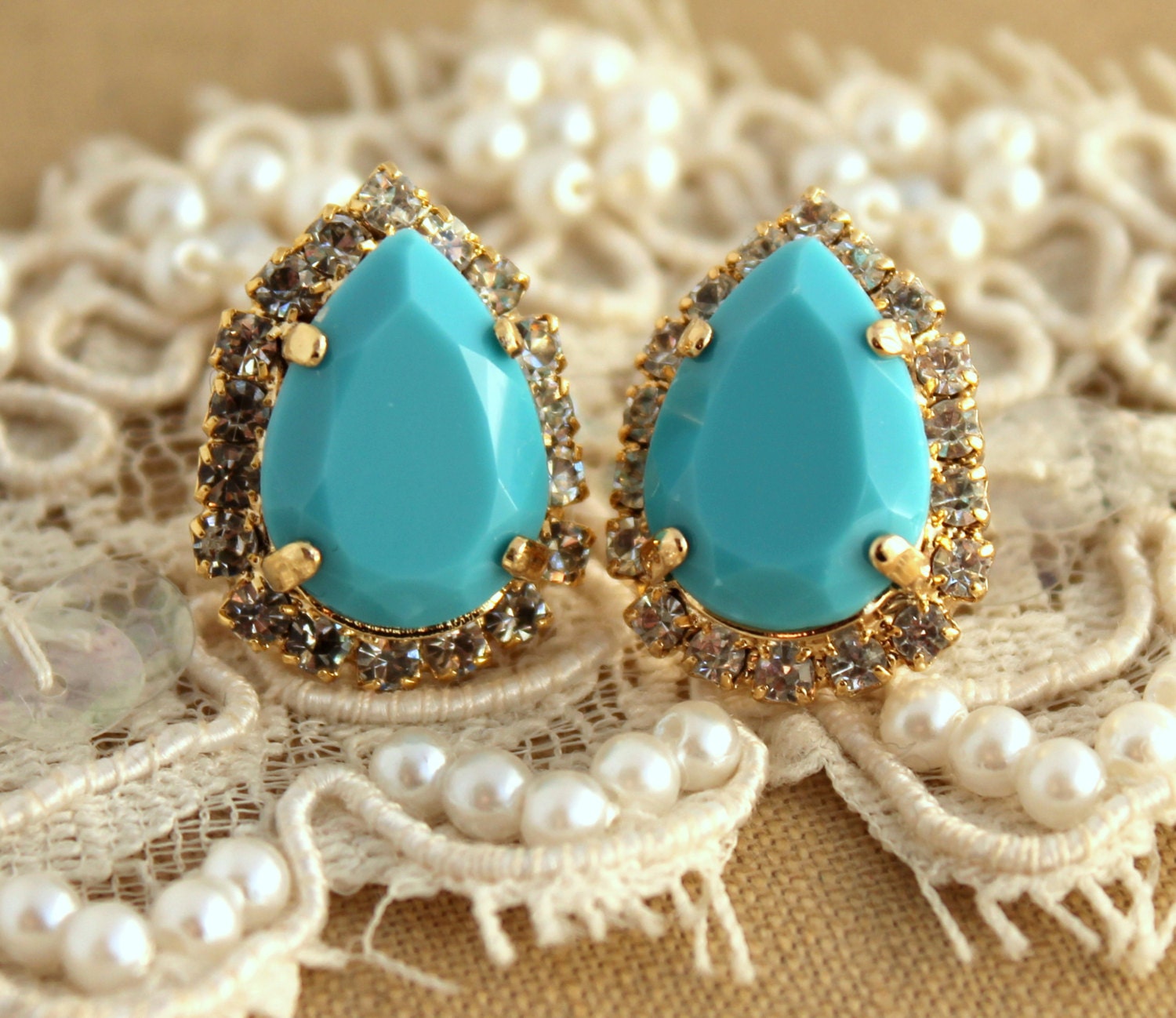 Turquoise vintage Crystal big teardrop stud earring - 14 k plated gold post earrings real swarovski rhinestones.