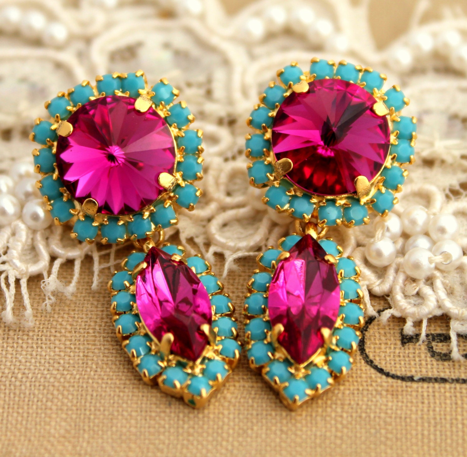 Crystal stud chandelier big pink earring - 14 k plated gold post earrings real Swarovski rhinestones .