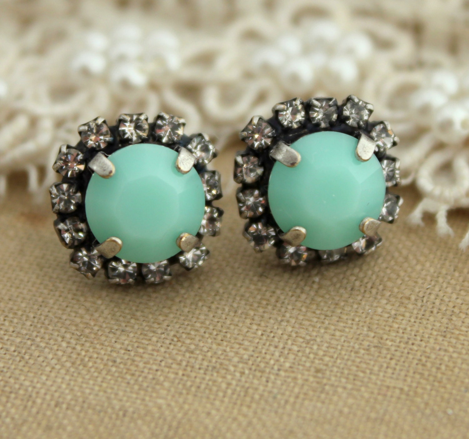 Mint Green Rhinestone stud earring - Oxidized Silver plating earrings real swarovski rhinestones .