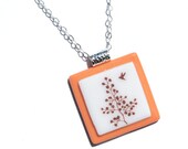 Simply Whimsical Fused Glass Pendant - Bird, Tree, Woodland, Nature, Outdoors - Sepia, Light Orange, White (Item 10557-P)