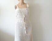1970s Crochet Lace Dress / Antique White / Vintage Resort Wear