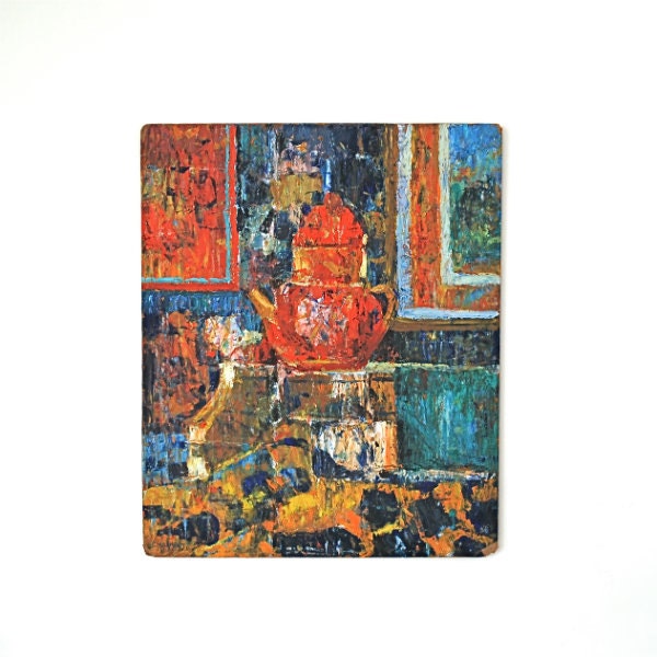 Vintage Painting Still Life French Stage Prop Original Art on Board Orange Teal