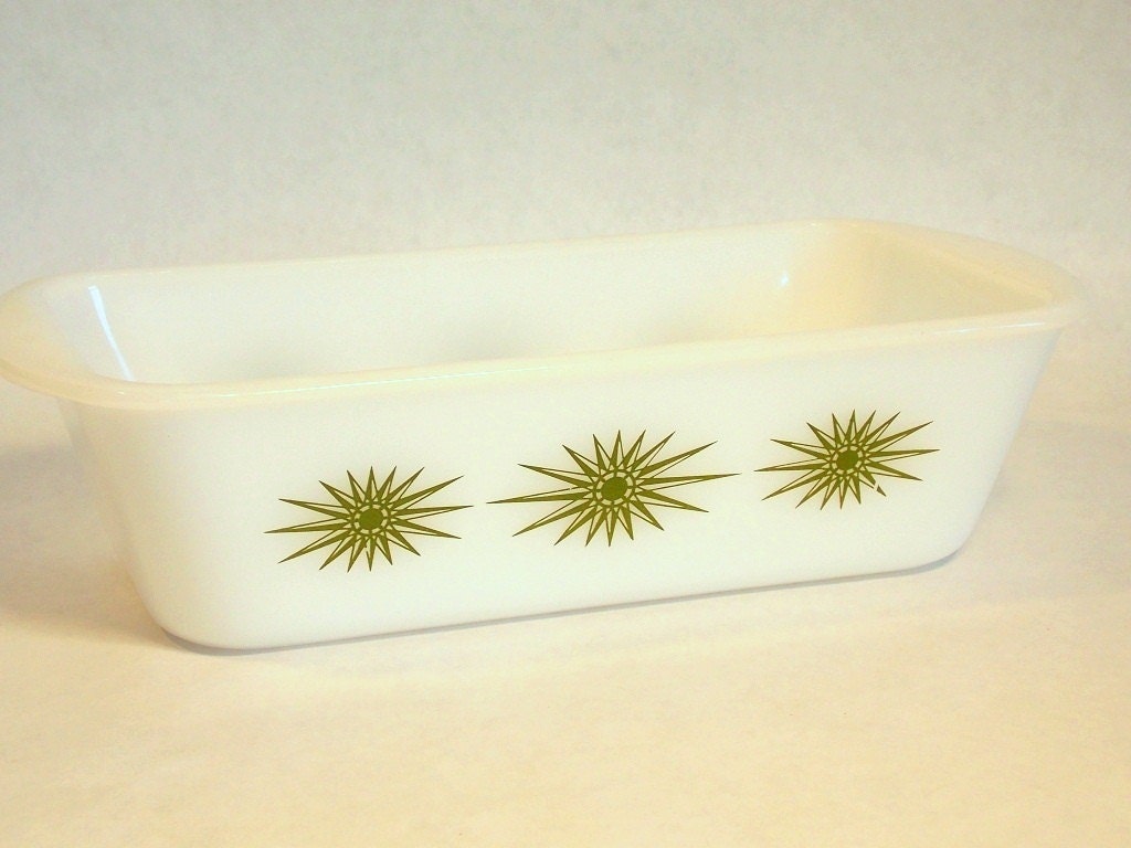 Ovenware, Loaf dish, Loaf pan, Milk Glass, Atomic stars, green starburst, Made in USA, circa 50s