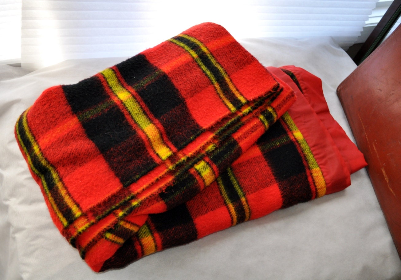 70's Neon Plaid Blanket Full Queen Size Hot Orange, Yellow & Black Homespunsociety