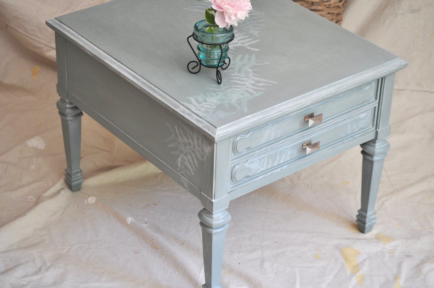 Vintage End Table Hand Painted Soft Opalescent W/Silver Accents Side Table w/ Ferns