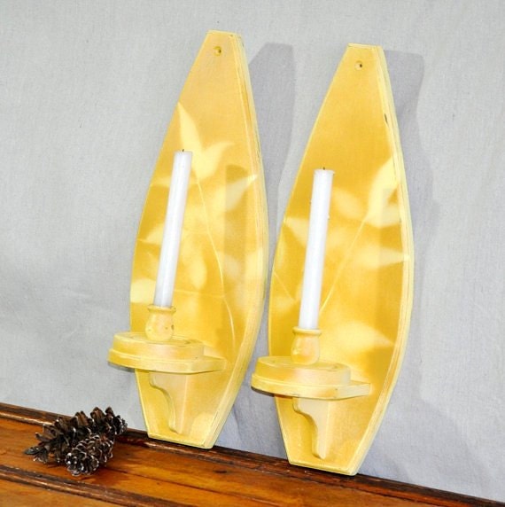 Large Candle Wall Sconces Set Upcycled Vintage Yellow Leaf Wall Candle Holders Pair Homespunsociety