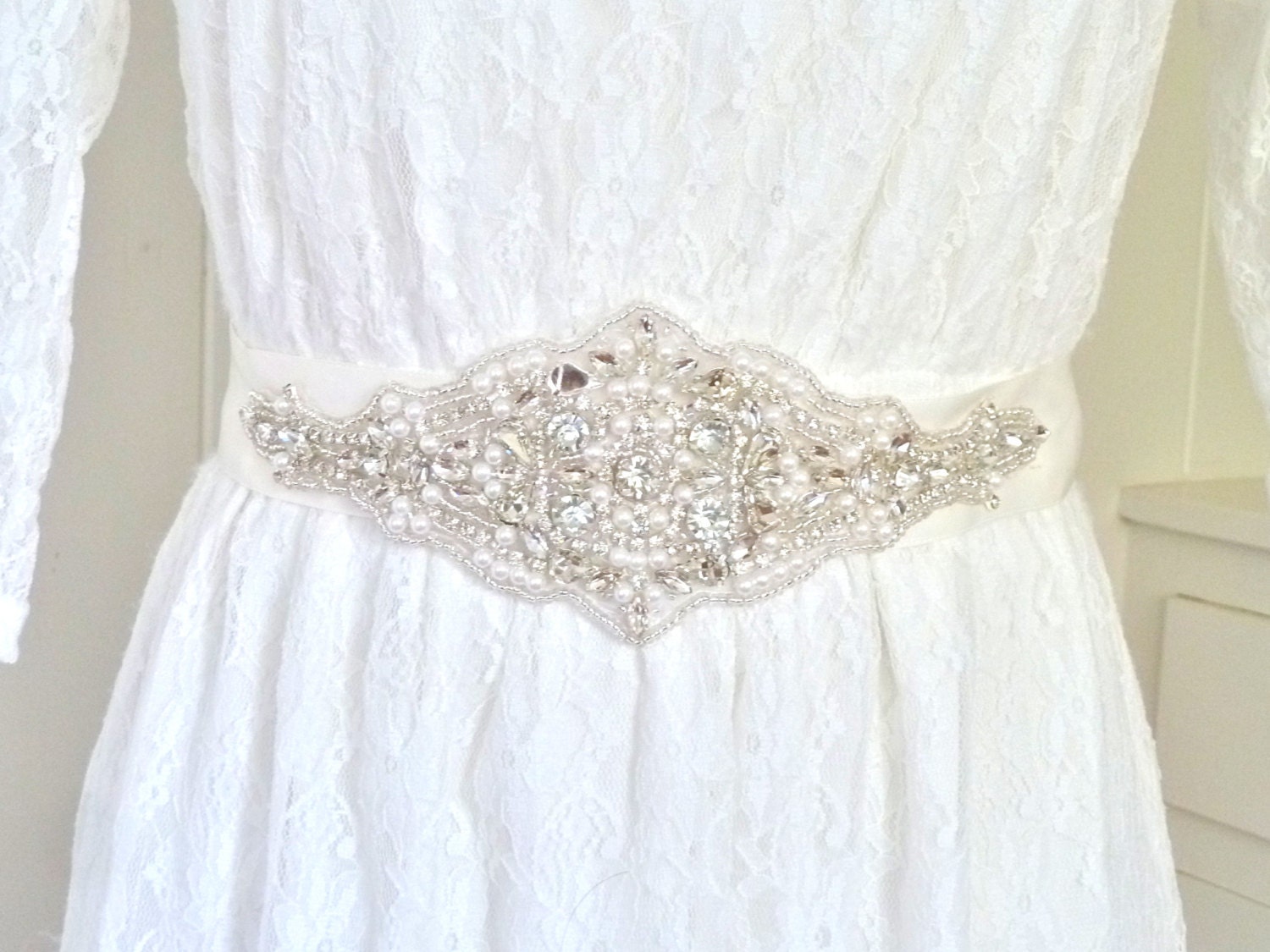 NEW - COLLETE - Bridal Crystal Applique Sash, Beaded rhinestone sash - ready to ship