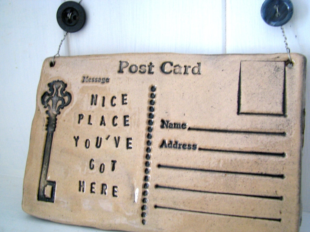 Nice Place You've got Here - Ceramic postcard with vintage buttons. House warming. Made in Wales, UK.  Black