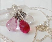 Triple Topaz Wire Wrapped Gemstone Statement  Necklace, Red Pink White, Elegant, Versatile Double Length Chain, Oxidized Sterling