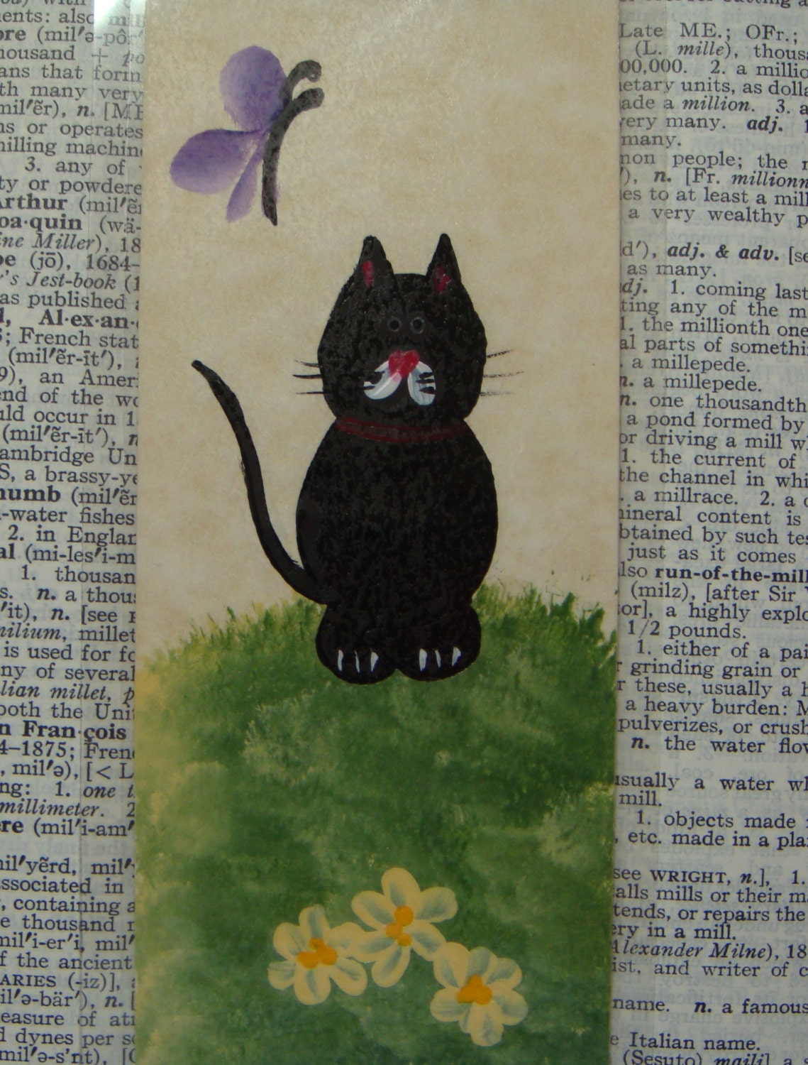 Hand Painted Bookmark Black Cat Kitty Kitten Purple Butterfly