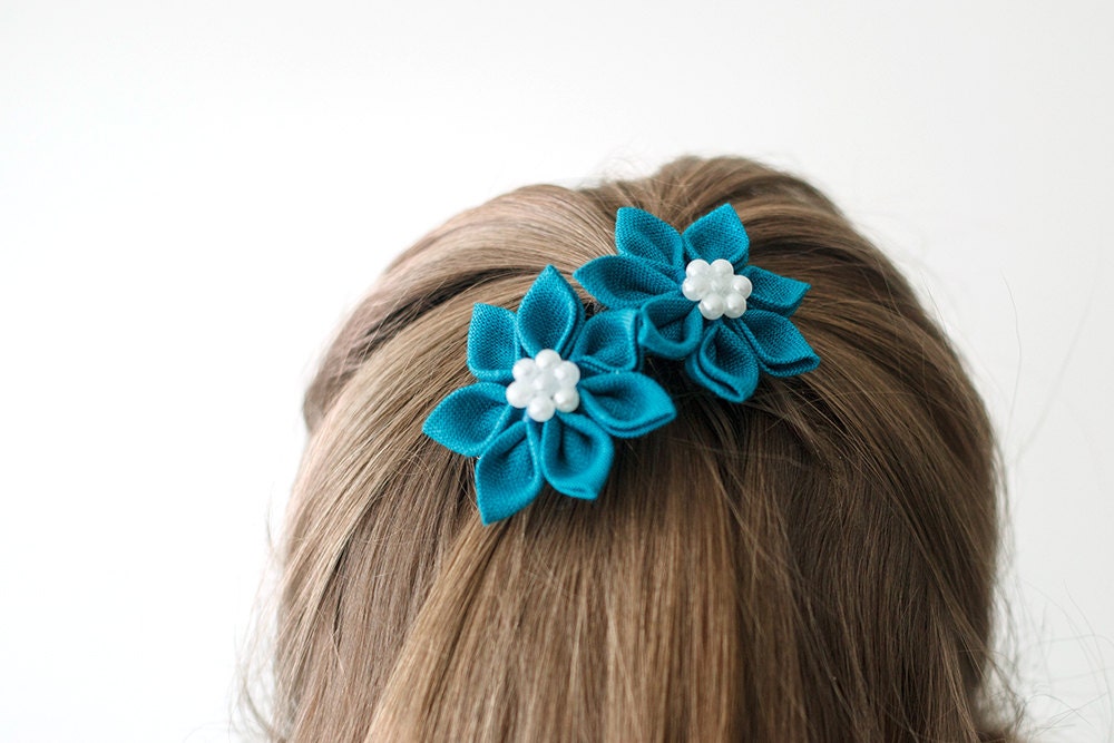 Kanzashi flower turquoise hair clips - Toddler girl ocean blue  hair clips - Children summer accessories