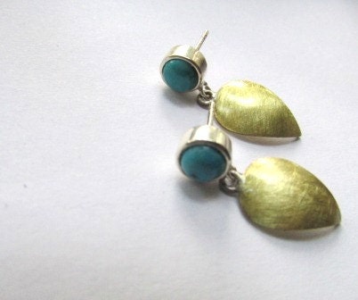 turquoise stud earrings with brass gold tear drops sterling silver jewelry gold jewelry