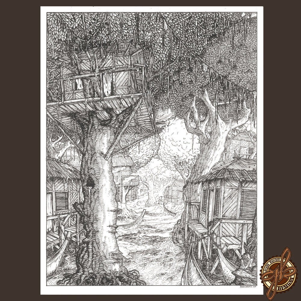 Black and White fantasy landscape illustration of a swamp tree town