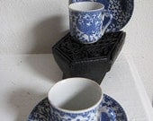 Two blue and white demitasse cups & saucers